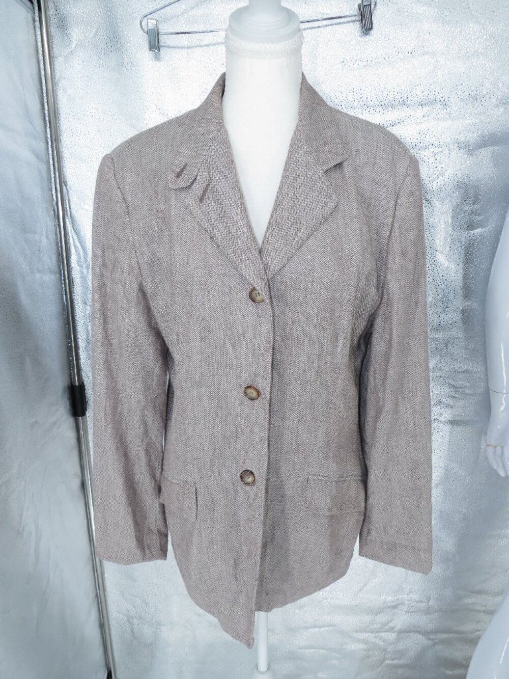 Nautica Linen Blazer Womens 14 Brown Herringbone Vintage Jacket USA Made Dark
